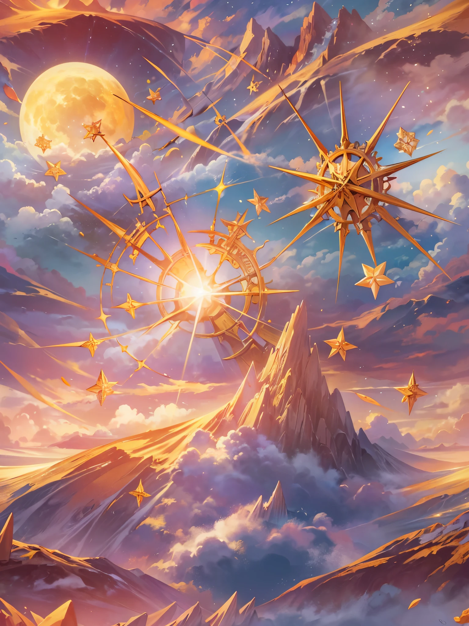 ((Highest quality)),(Ultra-high resolution),(Ultra-detailed new),(Detailed Description),((The best CG)),(masterpiece),Highly detailed art,A wonderful new art form,(Art with precise details:1.5), Sunrise sky:1.5, Bright Morning Star:1.6,