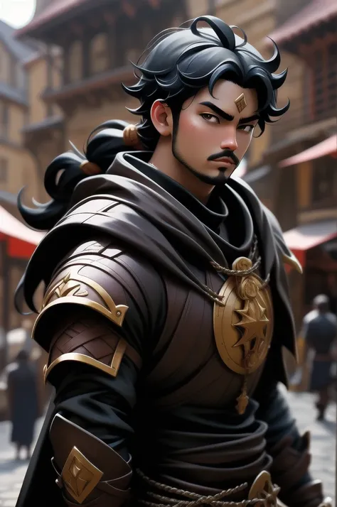 anime, detailed, depth of field, sunny, black hair, monk male, medieval time, looking up, careful, serious look, front view, med...