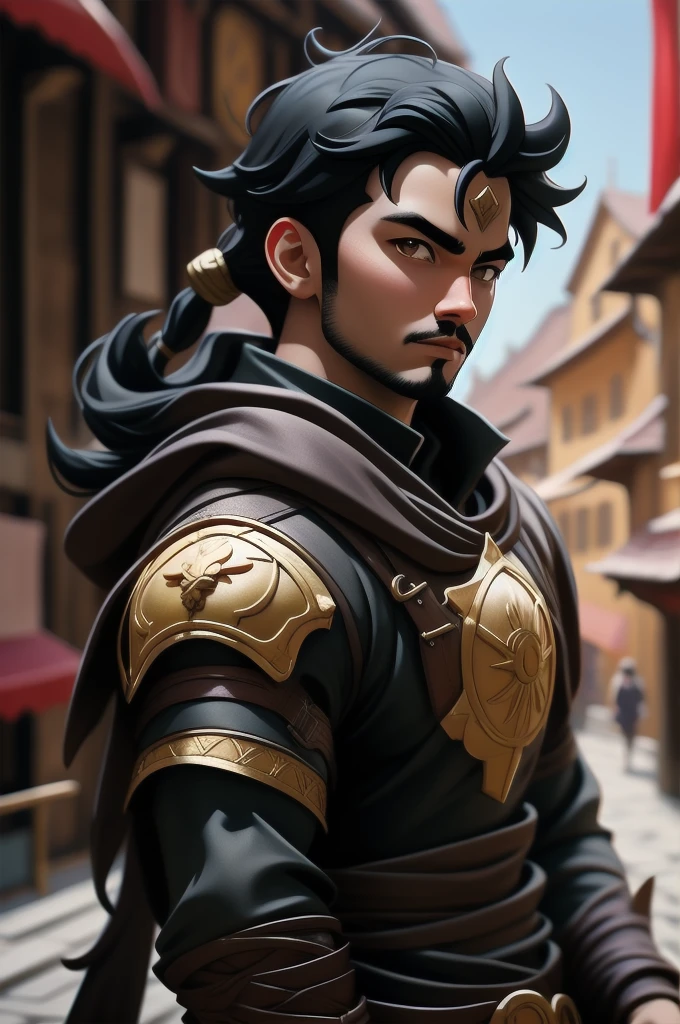 anime, detailed, depth of field, sunny, Black hair, monk male, medieval time, looking up, careful, serious look, front view, medieval city background