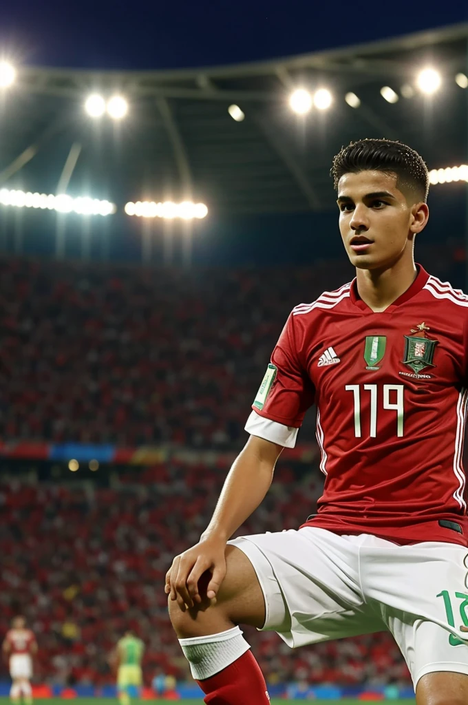 A 18 years old boy is watching Portugal football match on TV the boy's name is shihab and jersey number 4 is written on the jersey