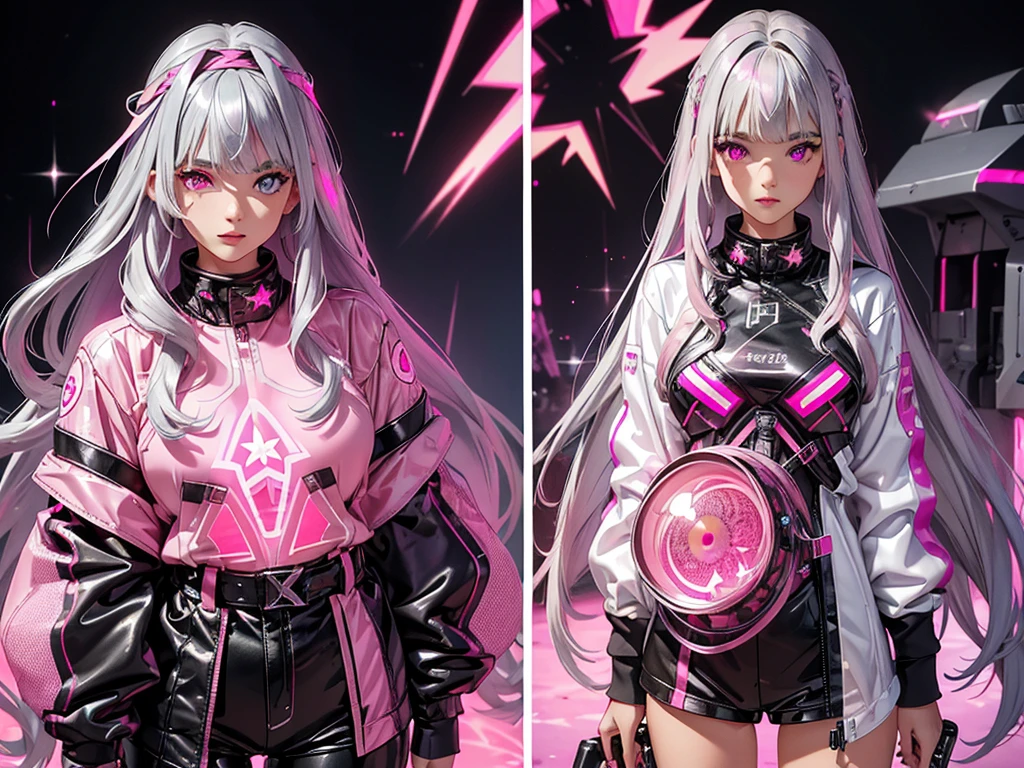 ((masterpiece))) whole body, whole body Shot (A girl) ((gray Hair, Long hair, Straight Hair,Two sides up), ((Heterochromia Eyes))), purple left eye, dusty rose colored right eye Eyeshadow, Eyeliner, Glowing Eyes, Eye for Ultra Detail, Complex eyes, beautiful eyes, Delicate eyes, (((Star-shaped pupil, Glowing pink pupils))) 18 year old girl. (Wearing a transparent PVC jacket)) huge cool weapon machine in hand, huge cool weapon machine, mechanical, mechanicalanism, machine, Open stance, Coalescence