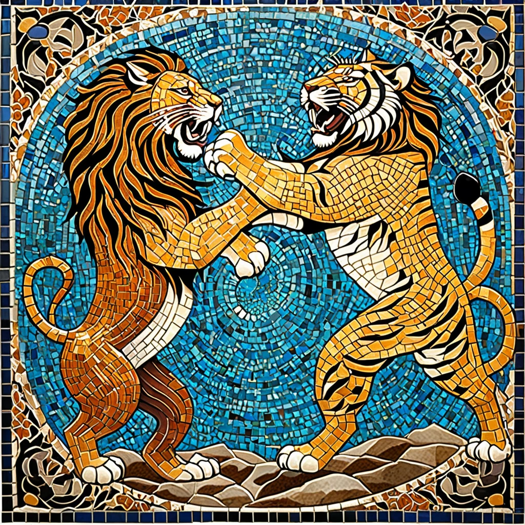 mosaic art, mosaic inspired image designs with intricate tile patterns, lion fighting with tiger