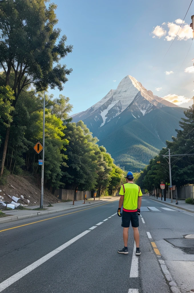 Clean streets with Dustin on the side of road for garbage and mountain in background of the city 
