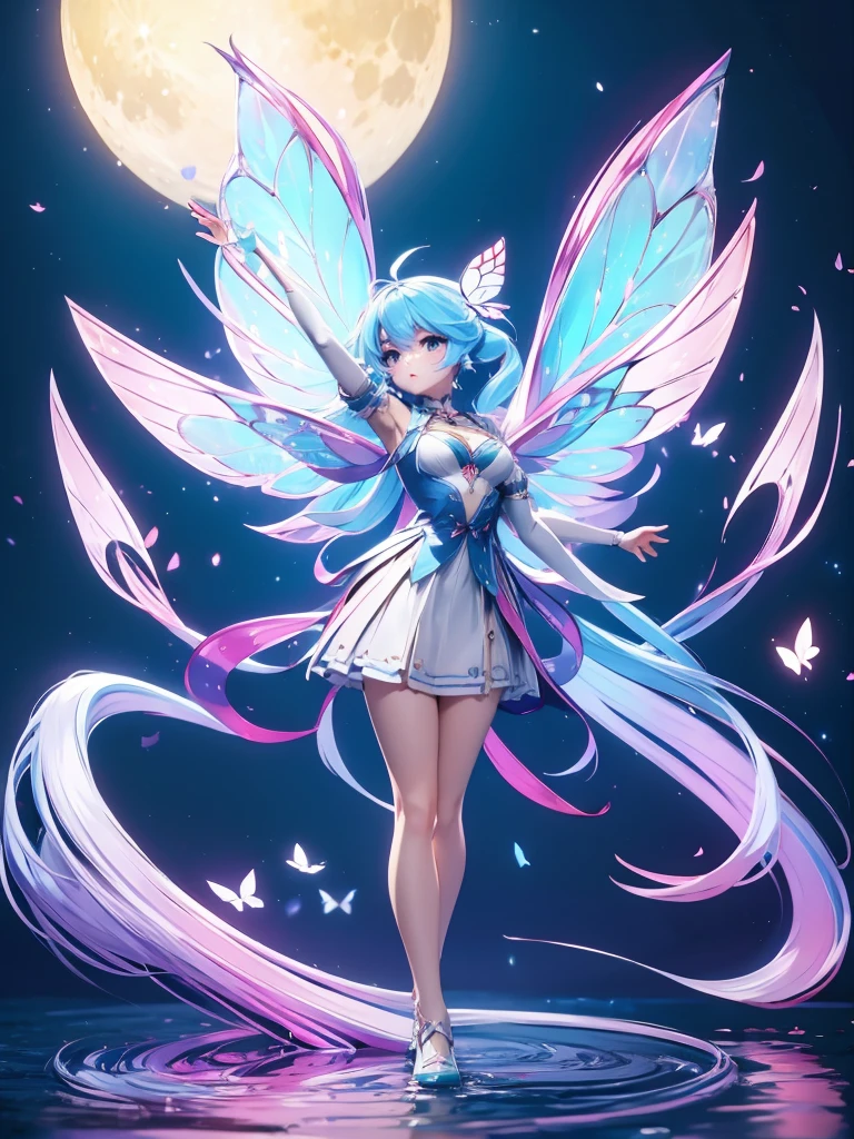 Seizo Watase style, Simple Line Initialism，Abstract art, 3d character ,(((The most beautiful girl of all time))),  (full body 1.2), only girl, long hair, bufferfly and sky background, 25 year old, full body, (((8k))), (((3d)), blue and pink hair, Large butterfly wings on the back,  moon,  Arms spread horizontally, face slightly up