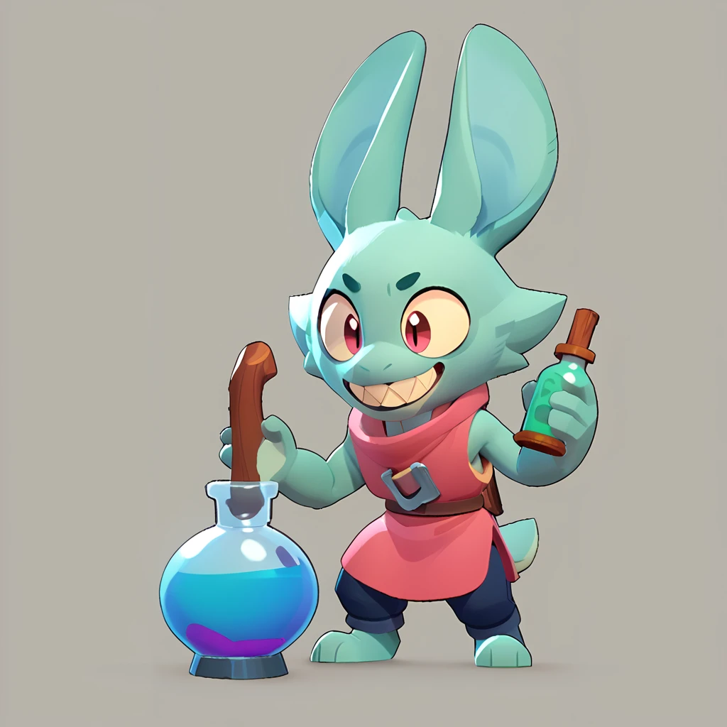 Full body view of a small spherical male monster with light teal fur, long ears, sharp teeth, smiling, holding a green potion in his hand, lies in a laboratory
