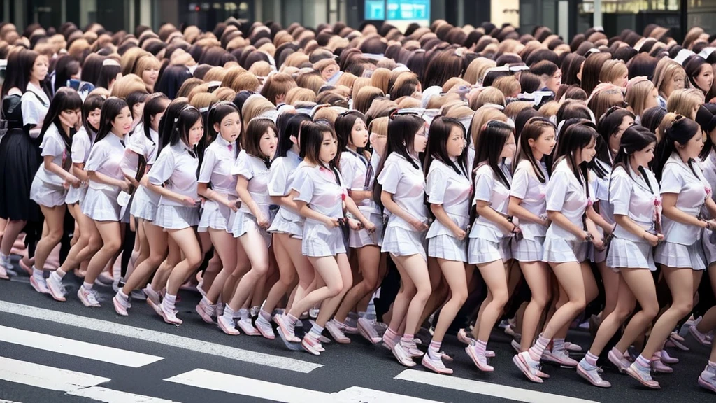 ((ExtremelyDetailed (100 Girls in a row:1.37) at Shibuya Hachiko-mae scramble crossing)), (masterpiece TopQuality) (photorealistic:1.37), {(Walking Full Body:1.2)|(from below:1.2)}, Different types of hair colors, {Japanese School Uniform|naked bandage|tutu}