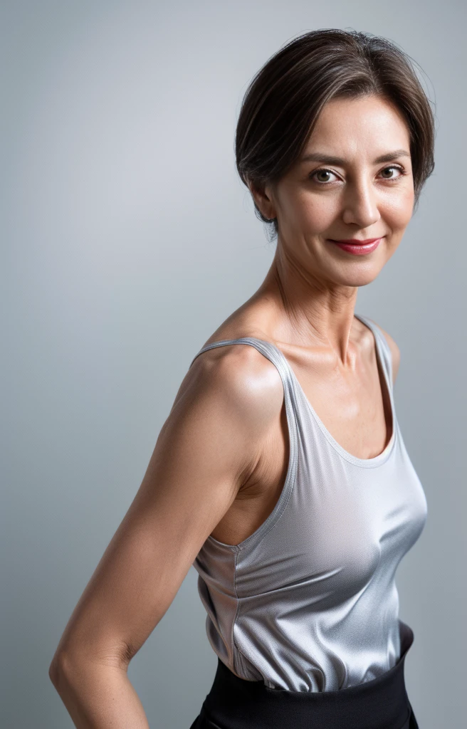 (Highest quality,8K,masterpiece), Rough skin,Wrinkles around the mouth and eyes、 Anatomically correct, sharp, Gray background((Japanese Mature, 50 years old)), alone, ((Facial wrinkles),Dark eyes and shapely breasts, Straight light brown hair that reaches the shoulders, Chubby body type (((Stand upright, Facing the center of the screen.))), Close your mouth and look straight ahead with a serious face..,,silver silk blouse,A slit skirt that accentuates the waist, Looking into the camera。Sexy Makeup、、smile、Beautiful clavicle、Pubic hair shape、The chest is hidden by clothes