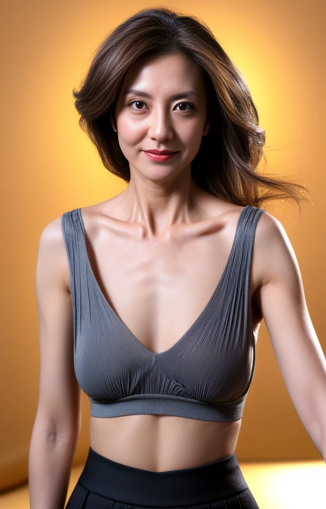 (Highest quality,8K,masterpiece), Rough skin,Wrinkles around the mouth and eyes、 Anatomically correct, sharp, Gray background((Japanese Mature, 50 years old)), alone, ((Facial wrinkles),Dark eyes and shapely breasts, Straight light brown hair that reaches the shoulders, Chubby body type (((Stand upright, Facing the center of the screen.))), Close your mouth and look straight ahead with a serious face..,,silver silk blouse,A slit skirt that accentuates the waist, Looking into the camera。Sexy Makeup、、smile、Beautiful clavicle、Pubic hair shape、The chest is hidden by clothes