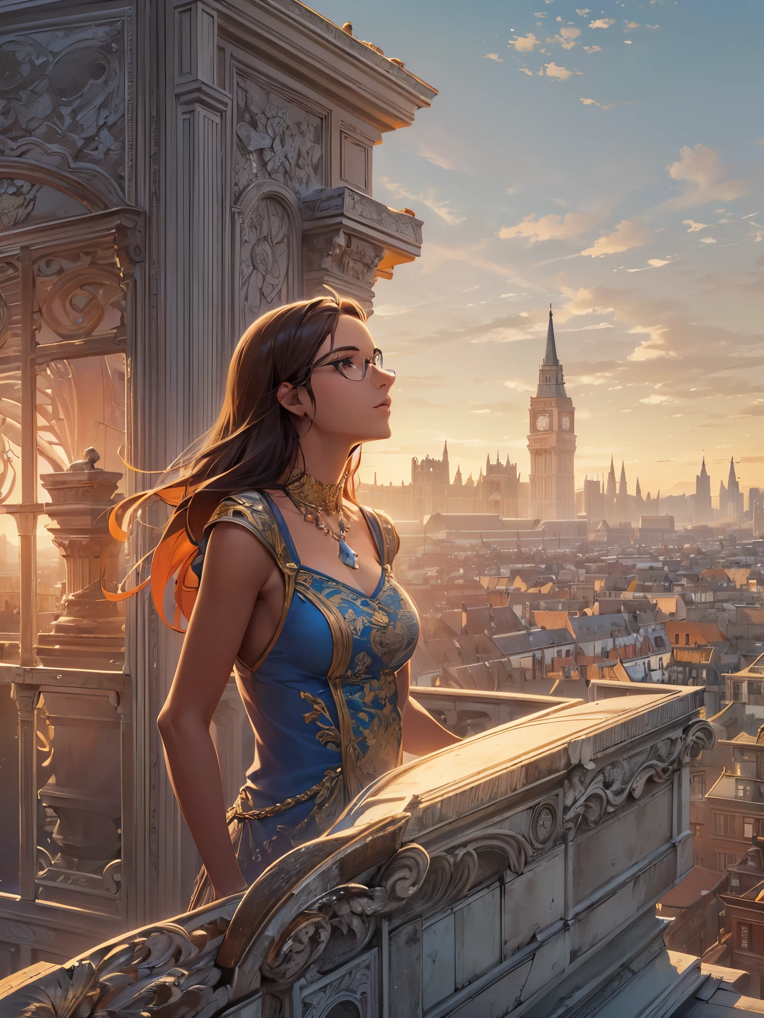 ((Highest quality)),(Ultra-high resolution),(Ultra-detailed new),(Detailed Description),((The best CG)),(masterpiece),Highly detailed art,A wonderful new art form,(Art with precise details:1.5), (Woman standing on the roof of a building:1.6),Glasses:1.3,(Beautiful and well-proportioned face:1.5), Sunrise sky:1.5, Bright Morning Star:1.6,