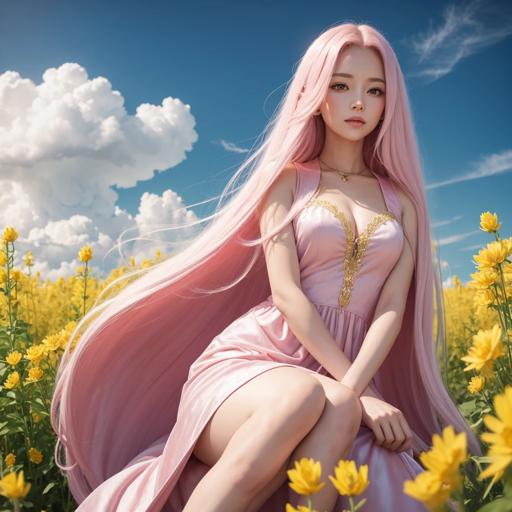 Create me a beautiful woman, long straight pink hair, sitting on a cloud, she has the ability to determine the weather with a golden rod, background a mixture of storm and good weather, White, velvet dress on