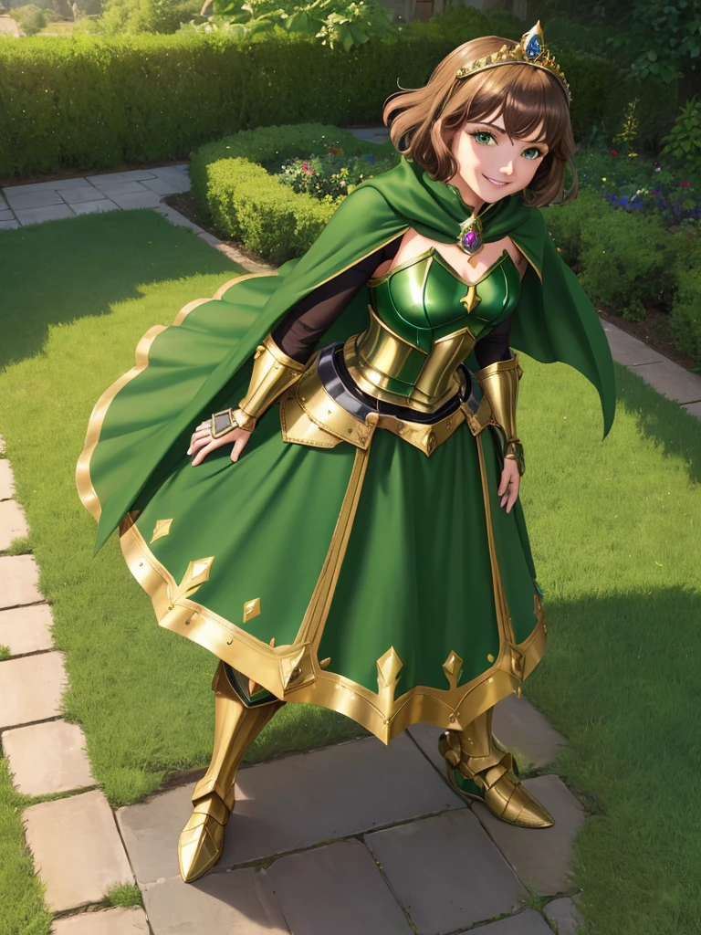 masterpiece, best quality:1.2), 1girl, smile, looking at viewer, green eyes, short brown hair, princess, armor, , pauldrons, armored dress, green cloak cape, wearing puffy blue ballgown skirt, golden tiara with green gem, armored boots, fingerless gloves, standing in medieval garden