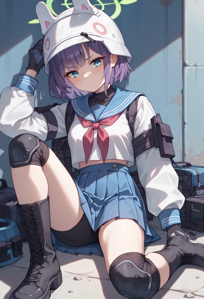 saki (blue archive),blue eyes,purple hair,short hair,halo,sailor collar,serafuku,pleated skirt,gloves,helmet,fake animal ears, boots,knee pads