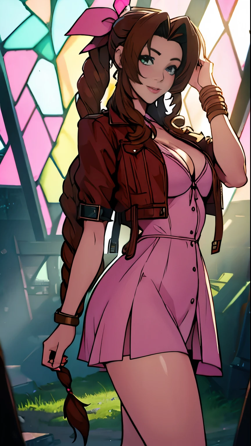 masterpiece, best qarity, Aerith Gainsborough, She is standing, she is raised, squatting down, short dress, Athletic build, thin waste, broad hips, perky ass, gargantilha, Short jacket, hair bow, bracelet, pink dress, spectator side, smile, mouth shut, inside, stained glass, legs thick, big boobies, very short dress, she is standing, She is standing, Forest scenery