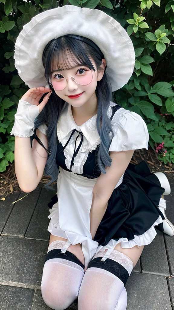 ROW Photos、high quality、delicate、Professional photographer work、Beautiful Japanese Girls、18-year-old、Laughter、smile、I、Gothic ta、Gothic Loliini skirt、White knee-high stockings、Witch Hat、From the knee up、Round Glasses、(Blue silver hair color:1.3)、E cup breasts、White over-the-knee socks、garter belt、(Absolute area:1.3)、From above、