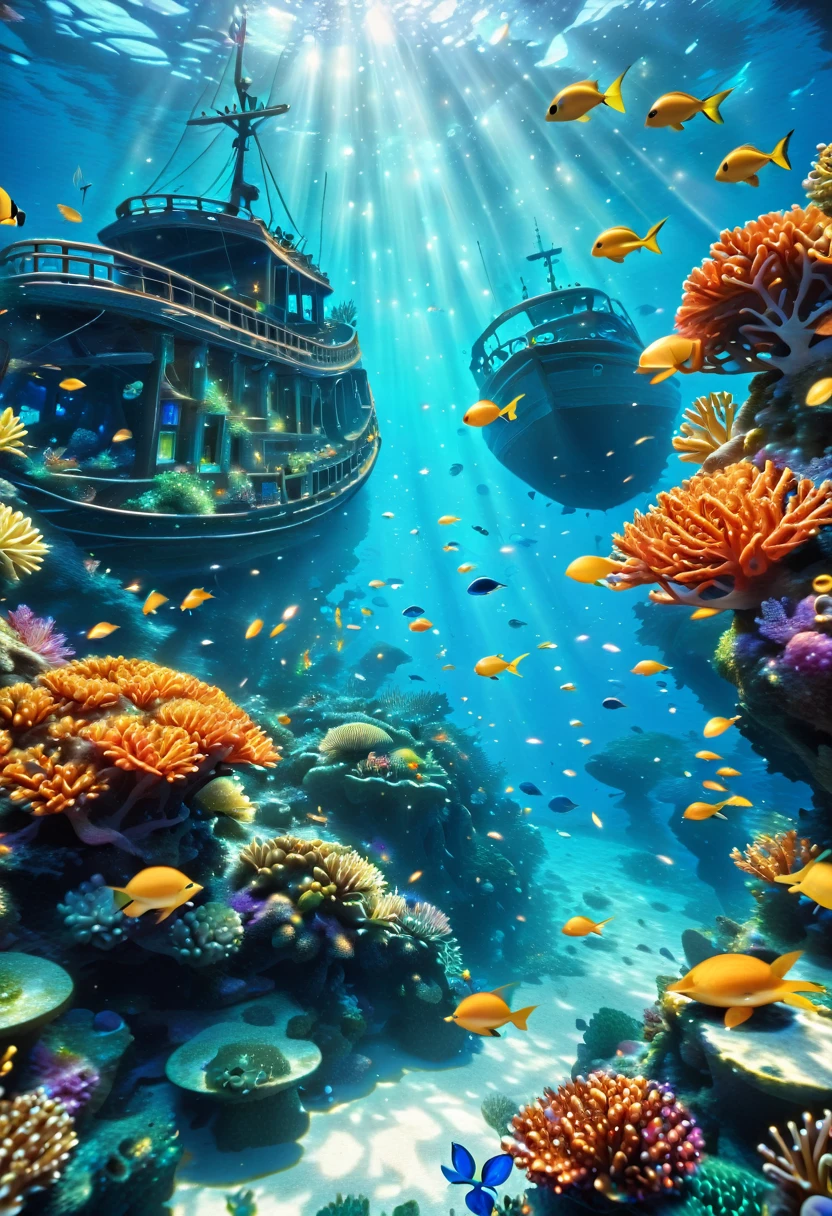 a beautiful detailed underwater scene with deep blue water, a variety of marine life, coral reefs, sunlight filtering through the water, schools of tropical fish, sea turtles swimming gracefully, bioluminescent plankton, a coral-encrusted shipwreck, realistic water simulation, stunning 8k resolution, cinematic lighting, vibrant colors, photorealistic, masterpiece, sharp focus, very detailed