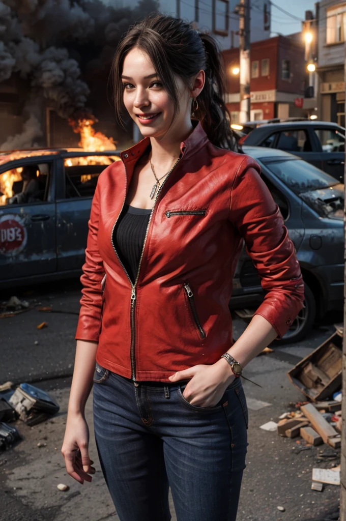 1girl, (realistic),(hyperrealism),(best quality),(masterpiece),(ultra high res),(photorealistic),idol,eye makeup,detailed eyes,detailed face,black dress, claireredfield2, brown hair, (red jacket:1.2), ponytail, (denim pants:1.3),, red wristband,, abandoned street, burning cars in background, littered street, smoke, chaos, zombie apocalypse, daytime, sunny,, hands in pocket, looking at viewer, smiling, closeup shot