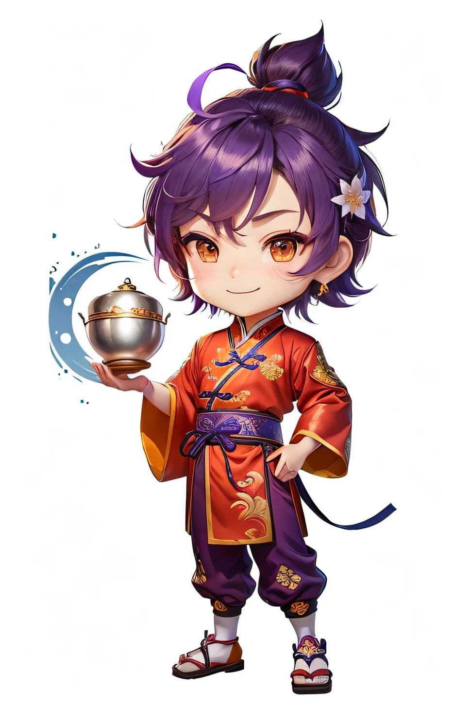 A cartoon boy in purple Chinese style clothing holding a sieve, Happy smile，zhongli from Genshin Impact impact, Maple Story Character Art, keqing from Genshin Impact impact, Moon Themed Clothing, Inspired by Pu Hua, Genshin Impact impact character, guys, Adventure Island, Genshin Impact, Advanced Digital Chibi Art, Adventure Island mouse, Lovely characters, Chinese Clothing, Official Art