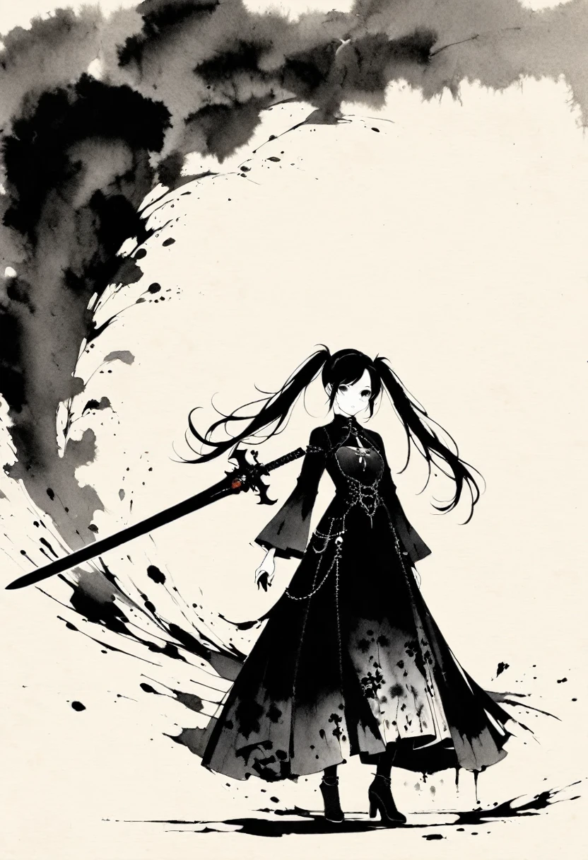 a girl with long twintails, gothic dress, holding a bloody sword, minimalist, line art, vast negative space, ink wash painting, abstract