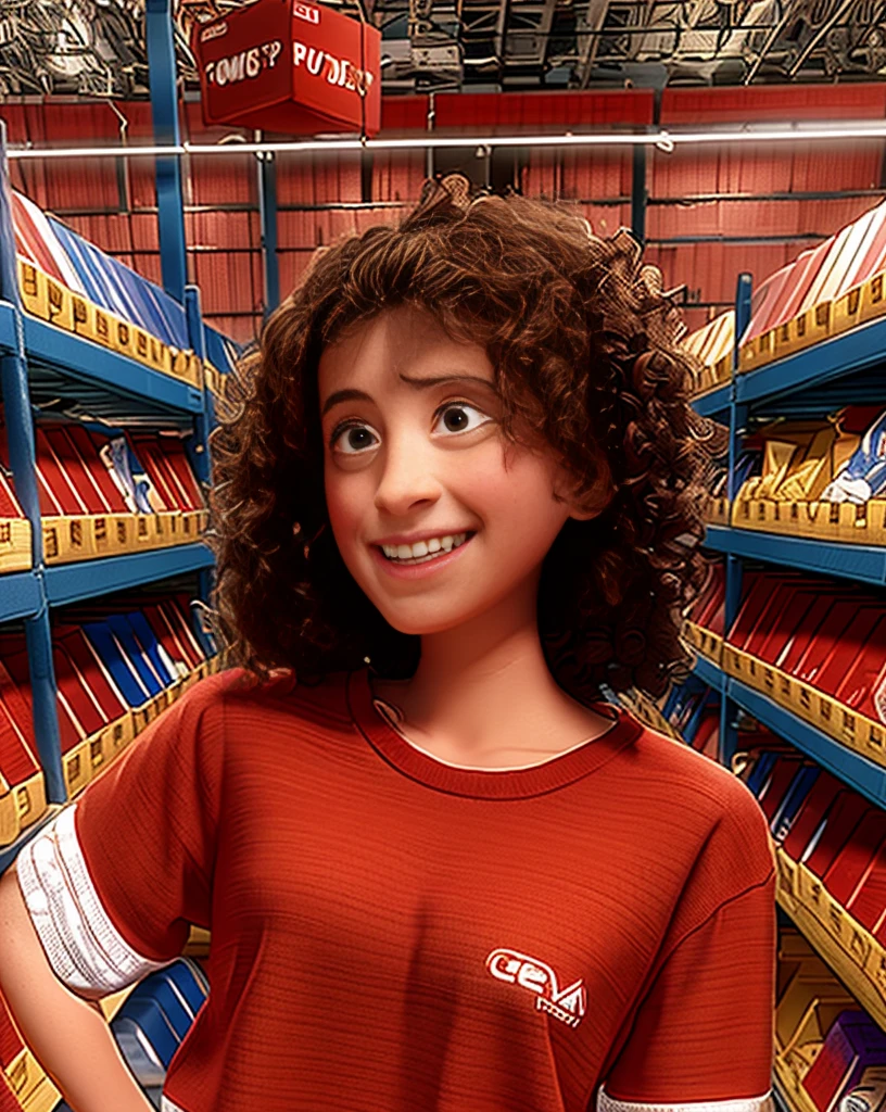 Disney Pixar style woman, red shirt, inside a warehouse, high qualiy, best qualityer.