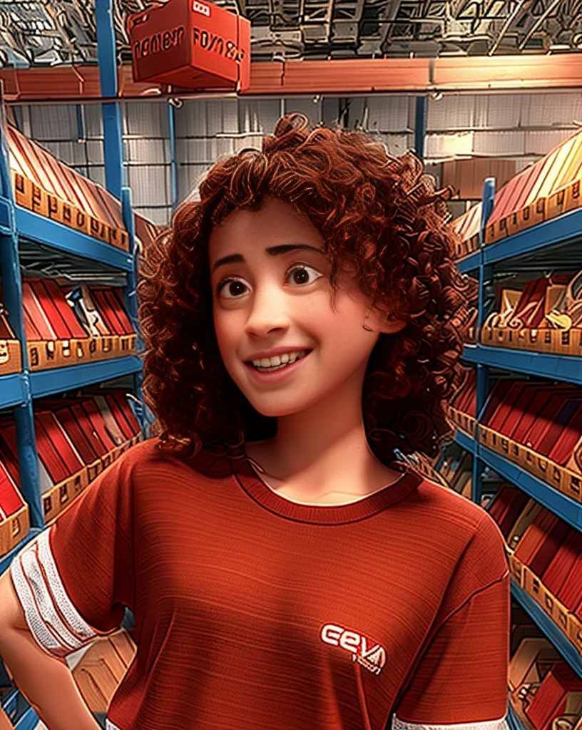Disney Pixar style woman, red shirt, inside a warehouse, high qualiy, best qualityer.