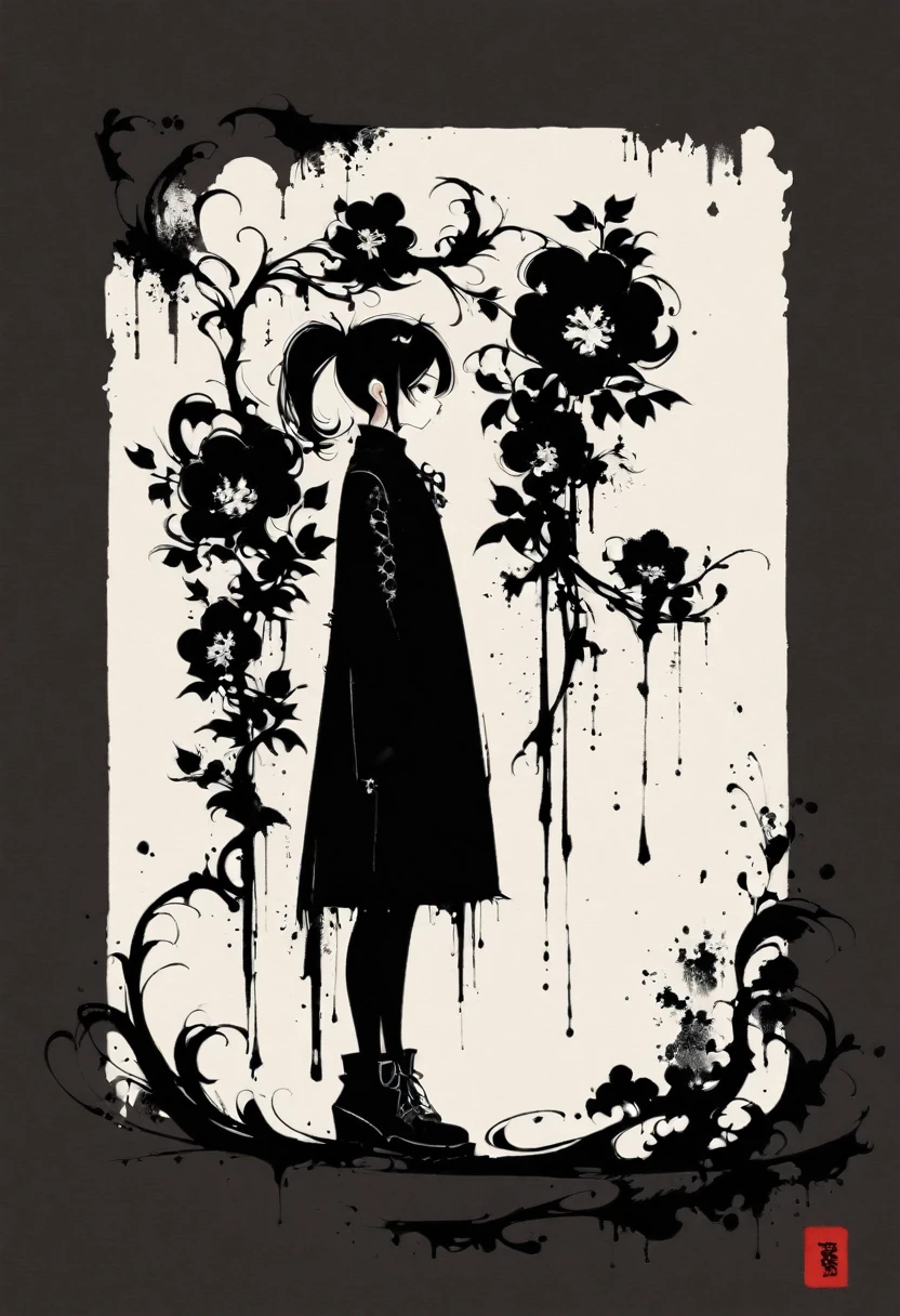 A girl with twin pigtails, gothic style, minimalism, linear style, vast negative space, ink painting, abstract
