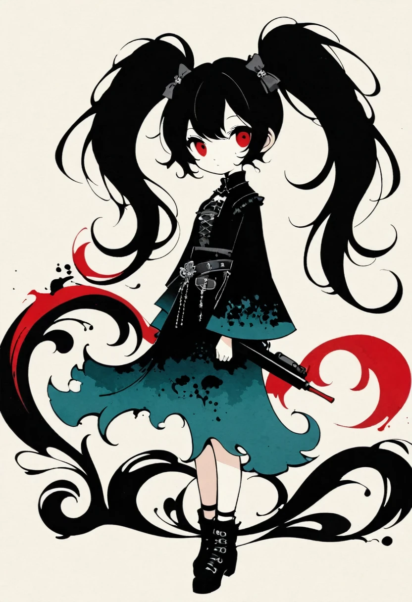 A girl with twin pigtails, gothic style, minimalism, linear style, vast negative space, ink painting, abstract