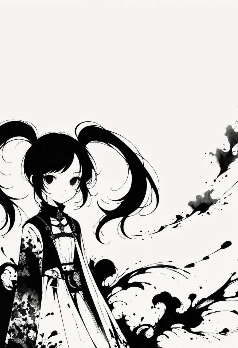 A girl with twin pigtails, gothic style, minimalism, linear style, vast negative space, ink painting, abstract