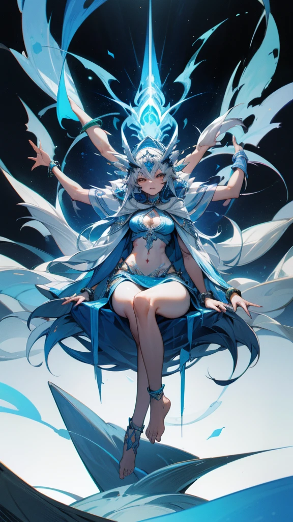 Beautiful girl with long gray hair and blue skin,headgear,Bracelet,anklet,Indian Goddess,six arms,White top,cleavage,Tattoo,Hood cloth,Bare Legs,barefoot,blue flame