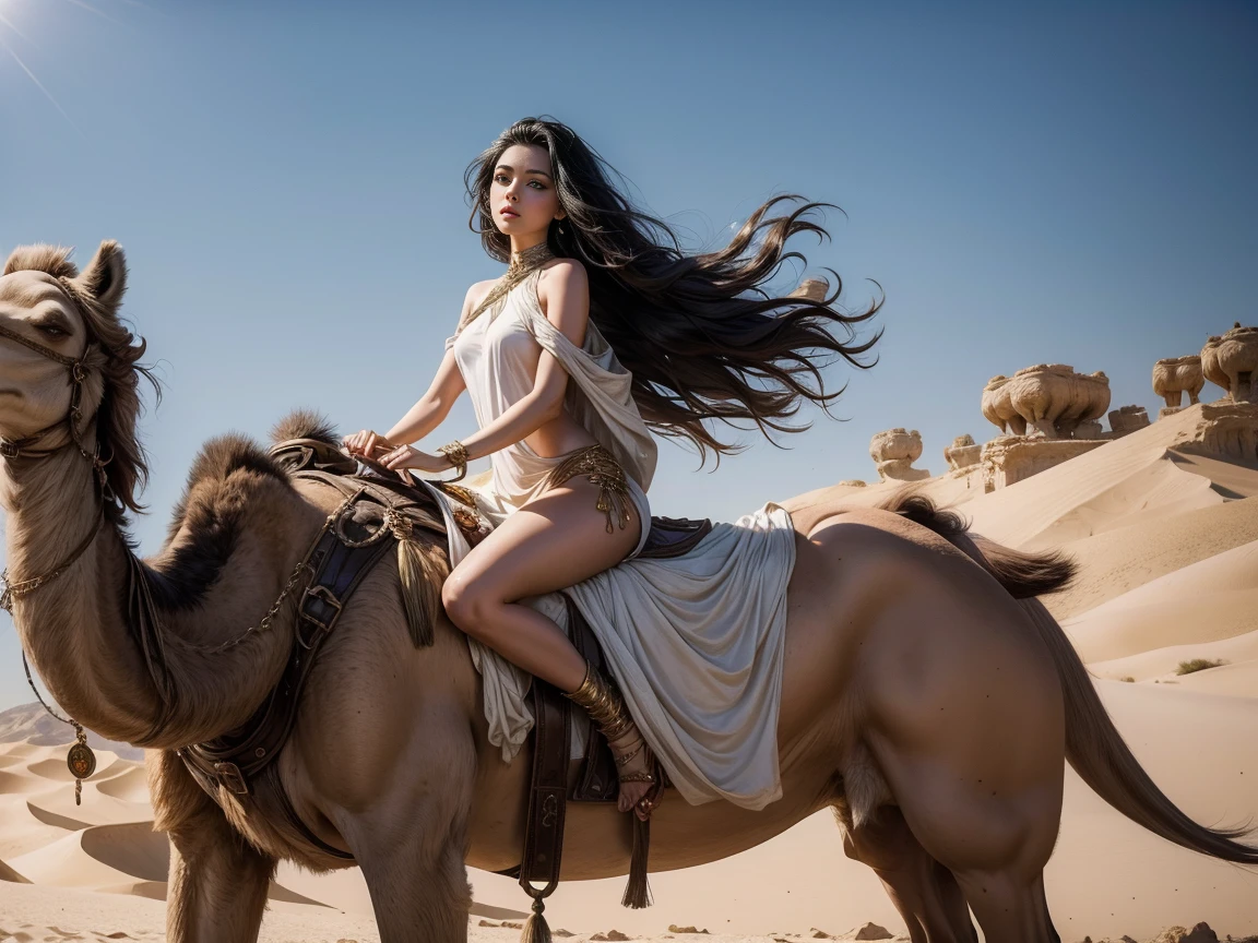 fantasy, beautiful girl, long wavy black hair, dressed in a short white tunic, naked, riding a camel, alone against the background of the desert