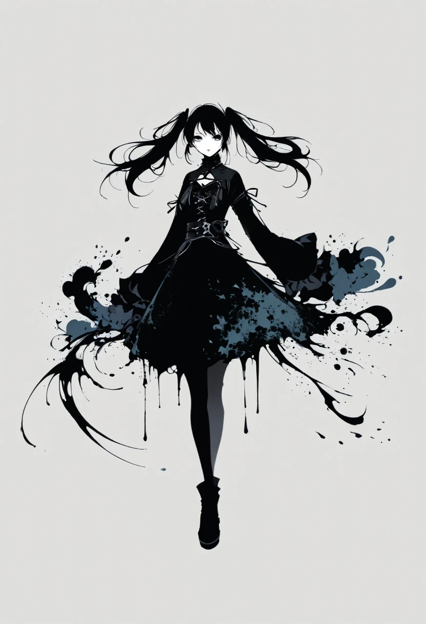A girl with twin pigtails, gothic style, minimalism, linear style, vast negative space, ink painting, abstract