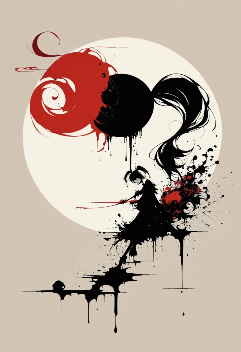 A girl with twin pigtails, gothic style, minimalism, linear style, vast negative space, ink painting, abstract