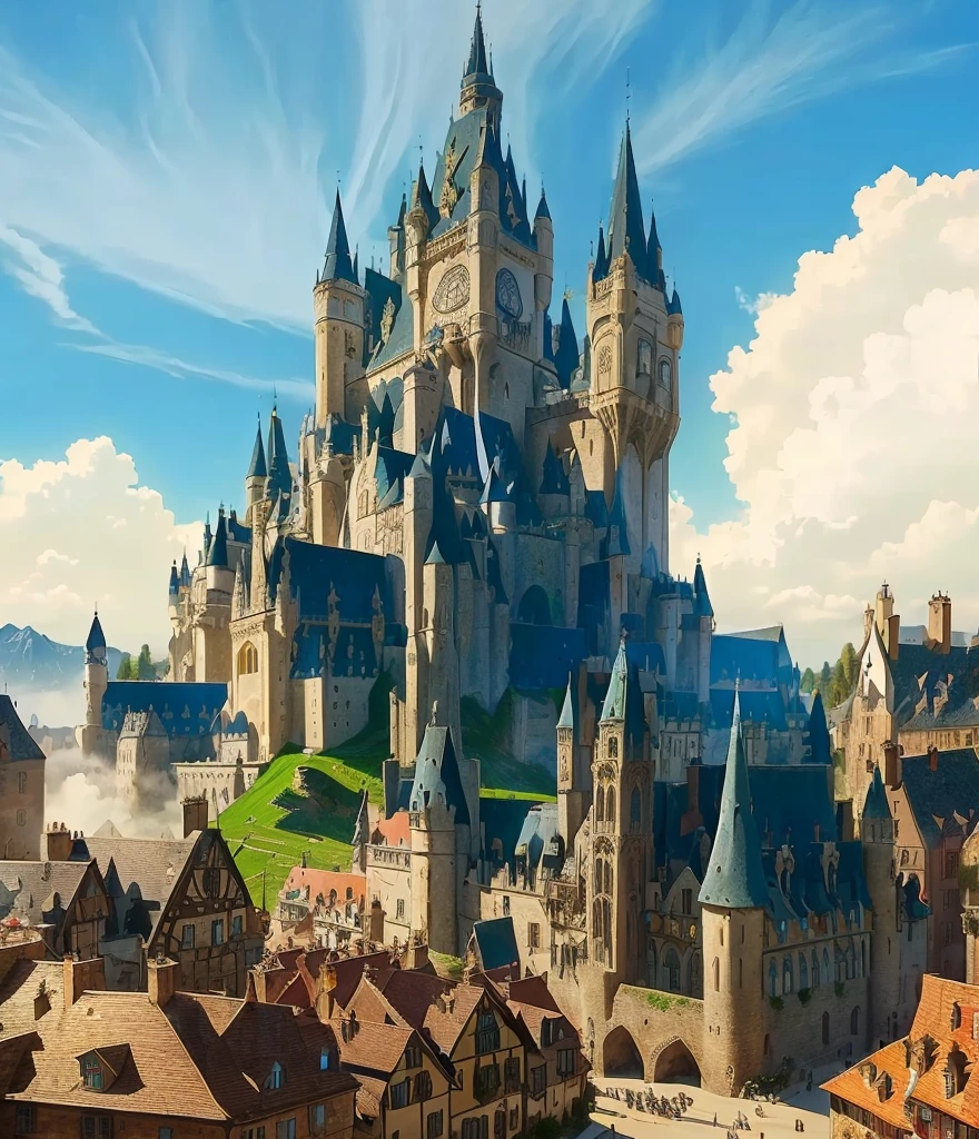 Huge grand fantasy medieval hospitality in a fantasy medieval town,colourful,Fantasy,Super quality,