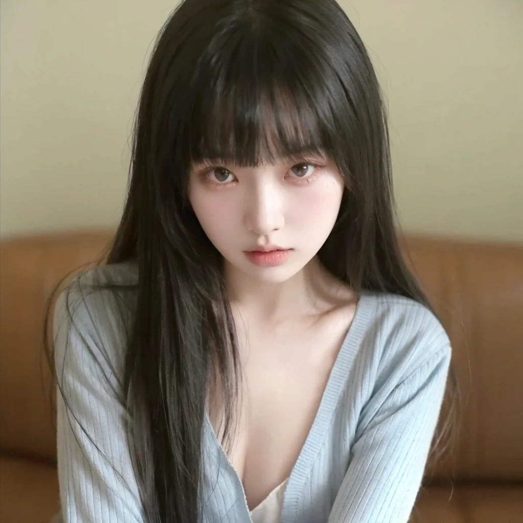 Korean girl with long black hair, straight and with bangs. Ulzzang girl with gothic style and soft face. He has black hair with bangs and pale skin.. He wears a light blue jacket.