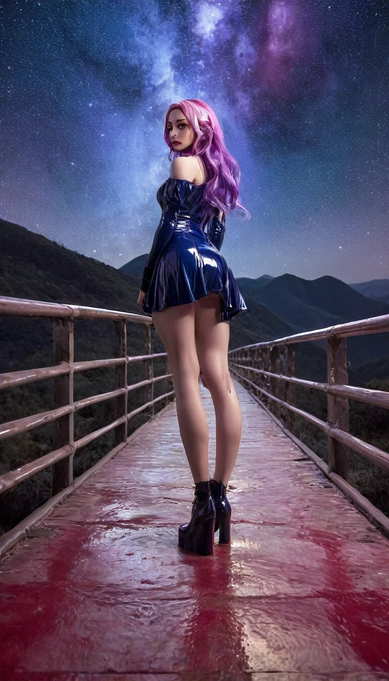 hdr, best image, 8k, photo 3;1, of A beautiful woman, blue latex dress, below the knee, long purple hair, 'black shoes', standing in 1; narrow bridge, white ivory with GOLD, red tile floor, high, over the mountains, descending to the infinity of the universe, stars of the cosmos, universe, giant mountain