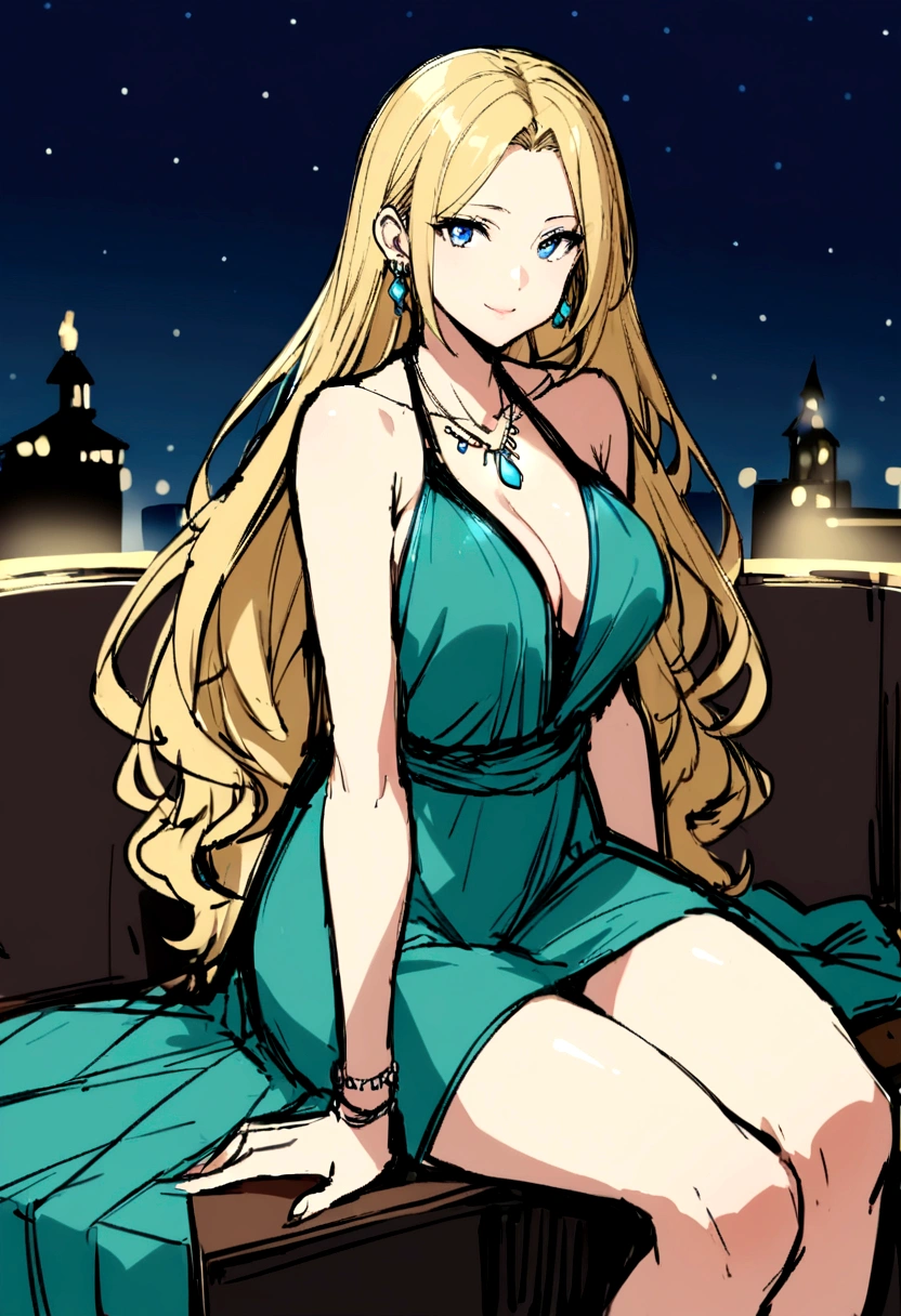 slender, mature female,jewelry,  1girl, breasts, long_hair, blond_hair, cleavage, dress, necklace, blue_dress, sitting, bracelet, solo, earrings, looking_at_viewer, green_dress, large_breasts, smile, bangs, bare_shoulders, closed_mouth, sleeveless, collarbone, sleeveless_dress, short_dress, thighs, parted_bangs, very_long_hair, night, medium_breasts, arm_support, sketch, aqua_dress, blue_eyes