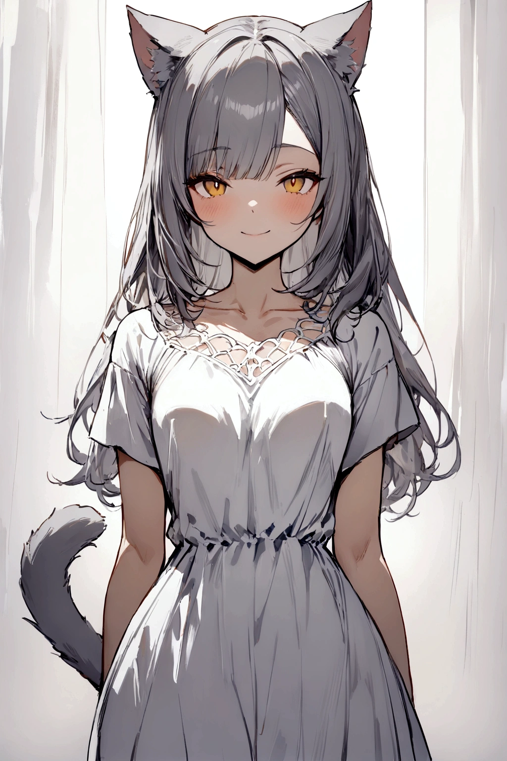 ((masterpiece)), ((best quality)), (from front, facing front:1.32), (close-up:1.2), (half-body shot:1.36), (side bangs hairstyle), perfect anatomy, 1girl, solo, adult cat girl, long gray straight hair, yellow round eyes, gray cat ears, a gray fluffy cat tail, short-sleeved loose white dress, smiling, looking at viewers
