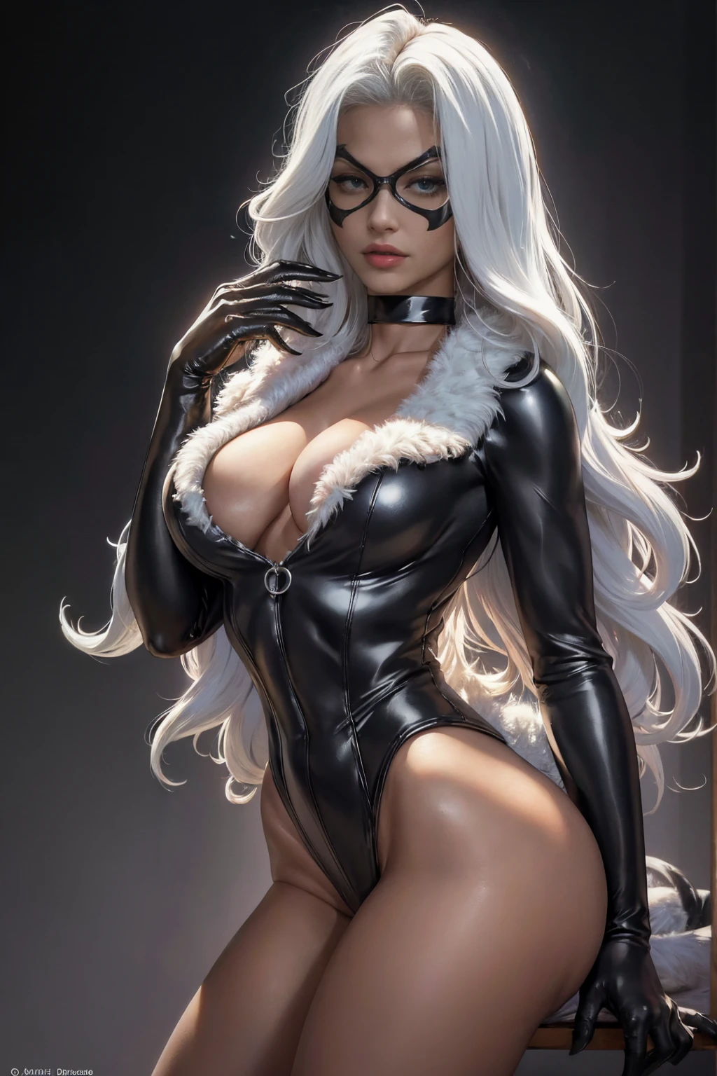 black Cat,pretty face,protruding breasts,white long hair,Detailed fur structure,keen focus,piercing eyes,intense look,delicate whiskers,Elegant posture,mysterious aura,high contrast,Soft Shadows,bright colours,Artistic representation,realistic painting style,Nocturnal landscape,Moonlight lighting,slender physique,graceful movements,curved tail,intense expression,Hidden secrets,hypnotic presence,attention to details,photorealistic details,subtle highlights,darker tones,Seductive beauty,Smooth and shiny coat, frame,playful yet mysterious,Engaging personality,intensive connection,Strong visual impact,breathtaking works of art,professional composition,high-resolution masterpiece,Attention seeking,striking composition,provocative and seductive,expressive and captivating look, platinum white hair, black mask INFO