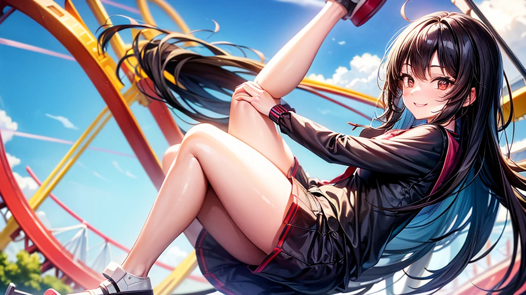 amusement park , One Girl , Black Hair , Long Hair , Brown eyes , smile , summer , Date , Cute Anime Girl