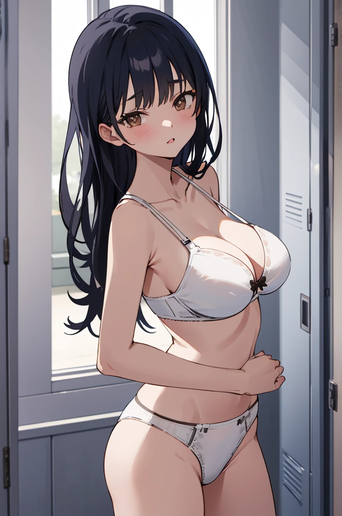 (((masterpiece) (((((Highest quality))))((high resolution))))), Very detailed, Ultra-realistic, )、、lockerルーム、Open shirt、White Bra、White panties、Black Hair、Small breasts、locker、Change of clothes、Expressionless、From above、、Look away