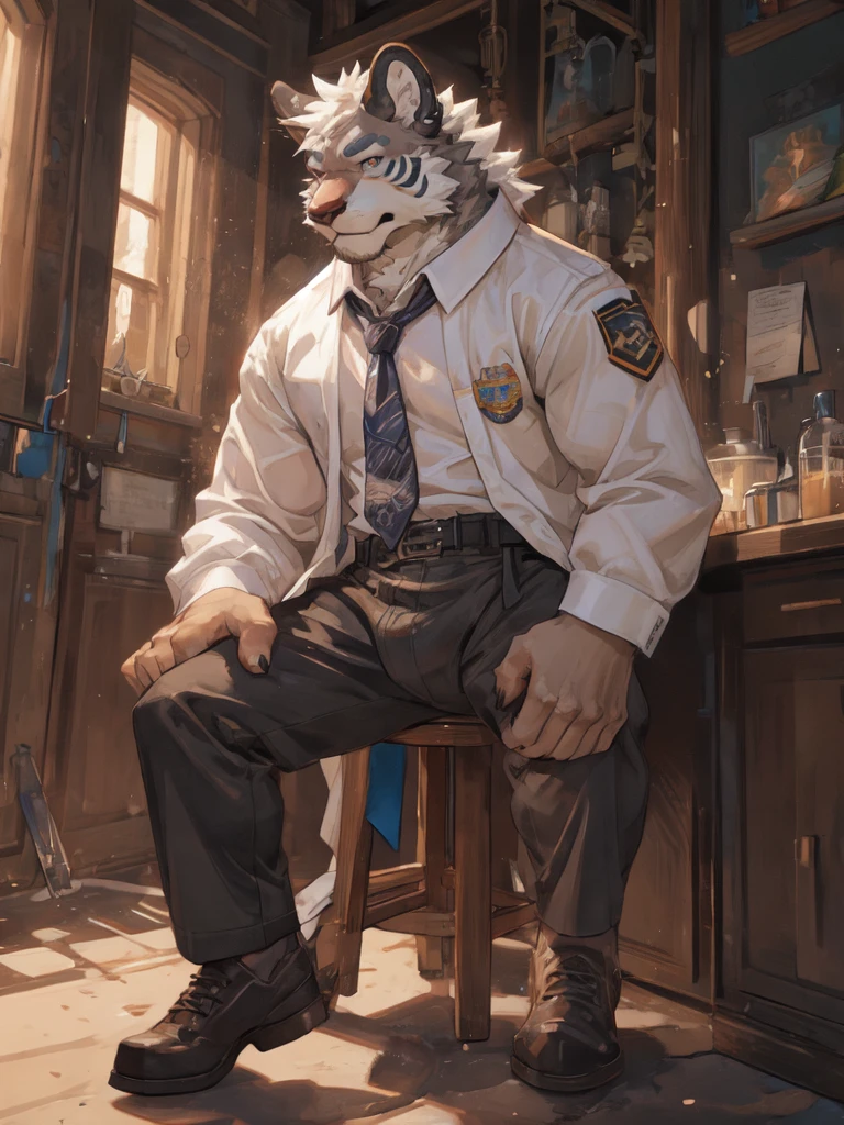 {{bara extremely handsome white tiger,}} {{white fur,}} white, wearing military like purple trench coat, purple trousers, white dress shirt and necktie, white fluffy furry body and limbs, loafers, very tall, very broad shoulders, narrow waist, muscular arms, massive pecs, purple eyes, very long legs,  sitting on swivel chair with legs spread, massive bulge, reading file, sophisticated hot look, full body, sunlight casting over, 3/4 view, best quality, high quality, silver earring on left ear, sultry smirk