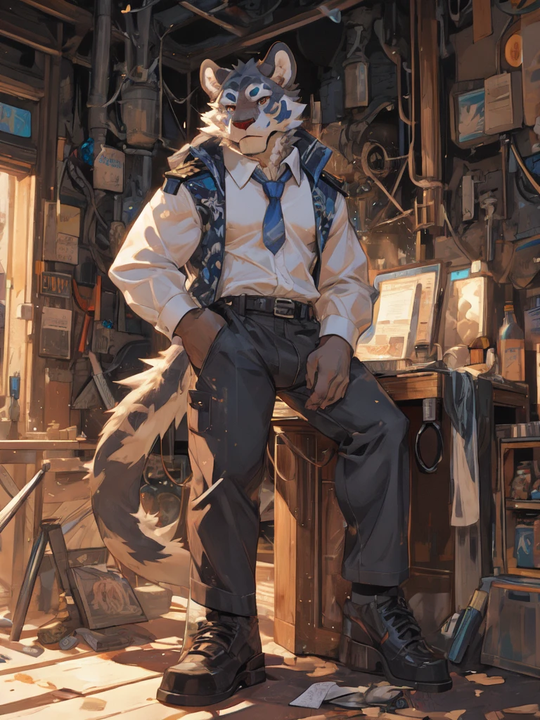 {{bara extremely handsome white tiger,}} {{white fur,}} white, wearing military like purple trench coat, purple trousers, white dress shirt and necktie, white fluffy furry body and limbs, loafers, very tall, very broad shoulders, narrow waist, muscular arms, massive pecs, purple eyes, very long legs, sitting on swivel chair with legs spread, massive bulge, reading file, sophisticated hot look, full body, sunlight casting over, 3/4 view, best quality, high quality, silver earring on left ear, sultry smirk
