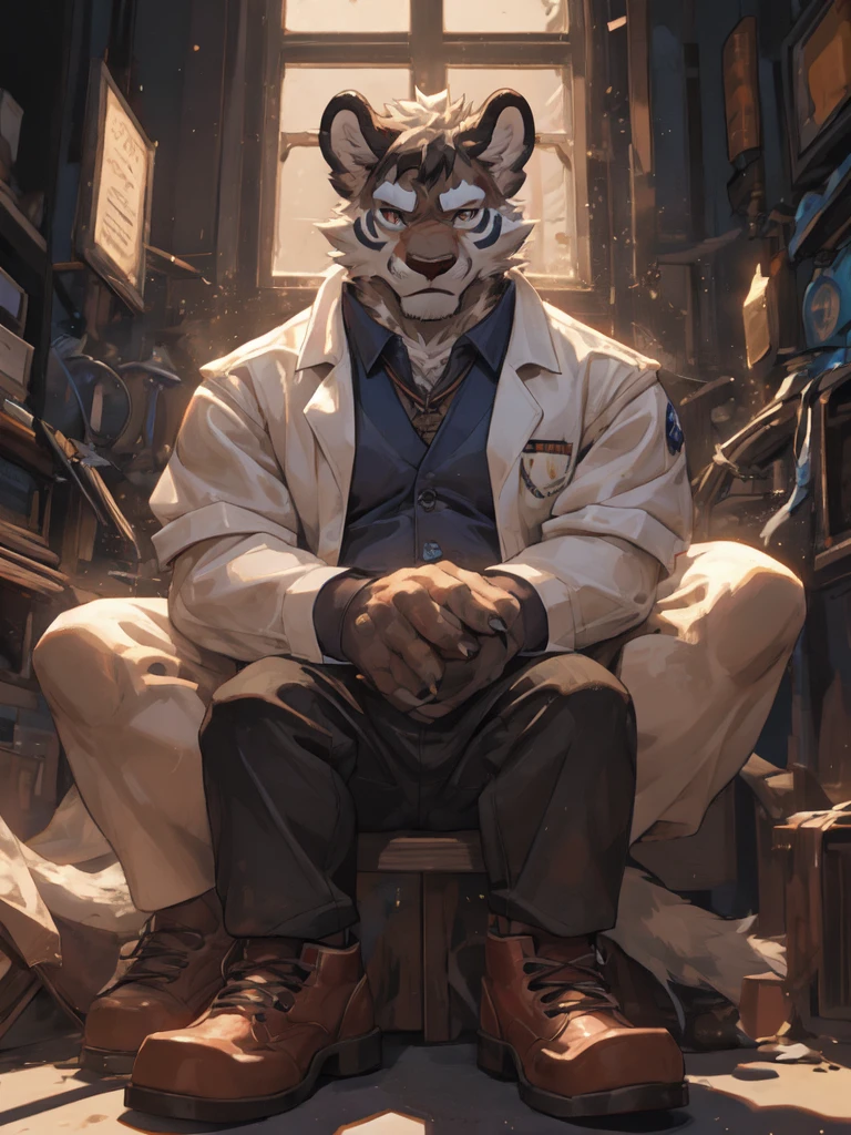 {{bara extremely handsome white tiger,}} {{white fur,}} white, wearing military like purple trench coat, purple trousers, white dress shirt and necktie, white fluffy furry body and limbs, loafers, very tall, very broad shoulders, narrow waist, muscular arms, massive pecs, purple eyes, very long legs, sitting on swivel chair with legs spread, massive bulge, reading file, sophisticated hot look, full body, sunlight casting over, 3/4 view, best quality, high quality, silver earring on left ear, sultry smirk