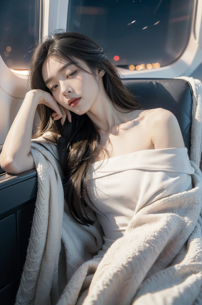 (((best quality))),(((ultra detailed))),(((masterpiece))),illustration,(a beautiful girl,female passenger,solo),((slim,thin,small breasts,flat chest)),(slender legs:1.2),summer night,((in airplane,economy class,indoor)),(blanket over shoulders:1.3),((dress)),(shoulder length straight bob hair:1.2),stars,moonlight,smooth flight,engine sound,lullaby,relaxed,excited,happy,visiting family,comfortable seats,soft fabric,headrests,adjustable,beauty of night sky,thinking about family,friends,dimmed lights,sleeping passengers,movies,personal screens,staying awake,magic of sky,joy of being with family,memorable journey,adventures,(surrounded by crowded crowds:1.3),(Outside the window is high-altitude night view:1.2),((from front,upper body))