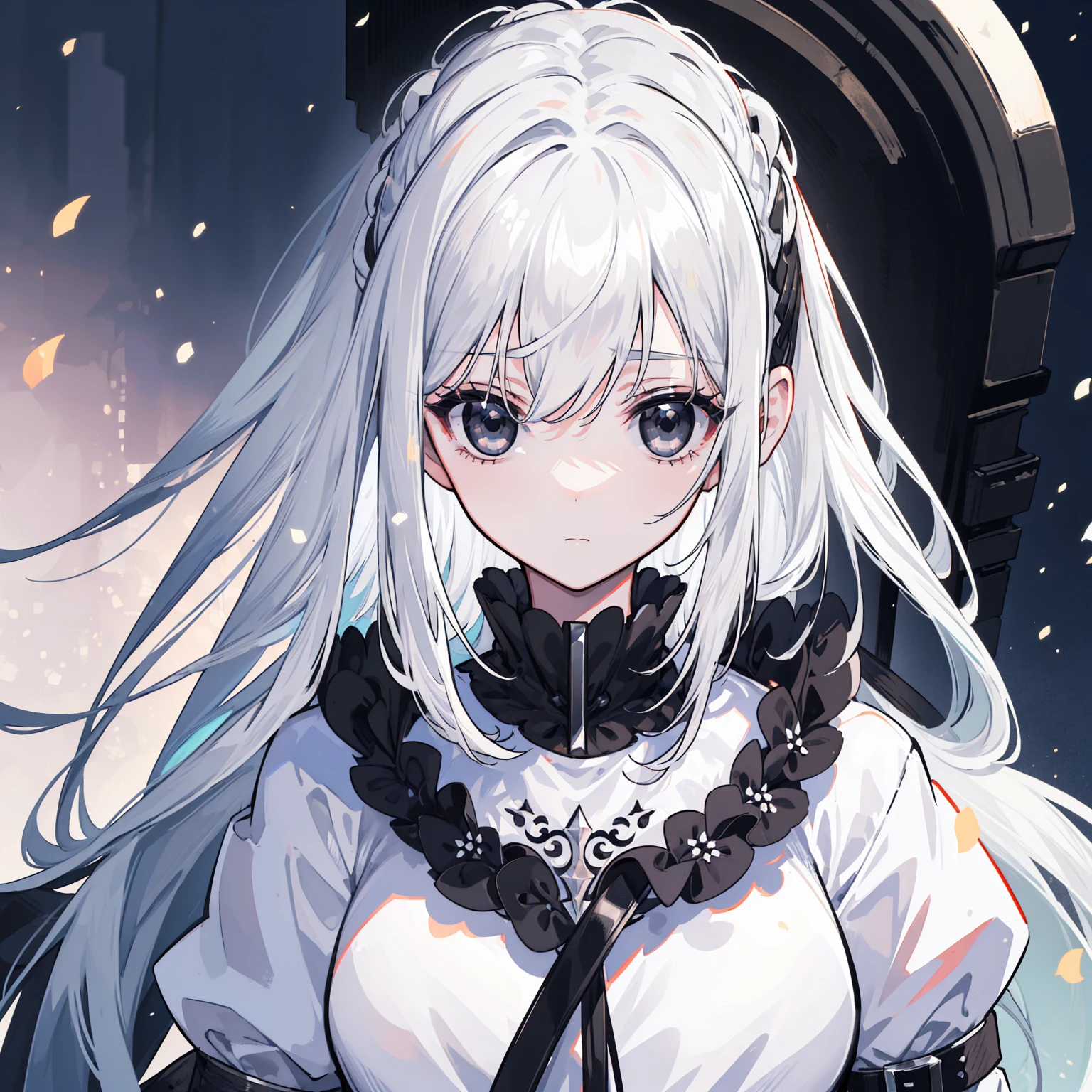 (Top image quality)、(Ultra Detailed)、(Facing forward)、top quality、masterpiece、((((1 girl))))、Silver Hair、white hair、((Long hair))、(black eyes:1.6)