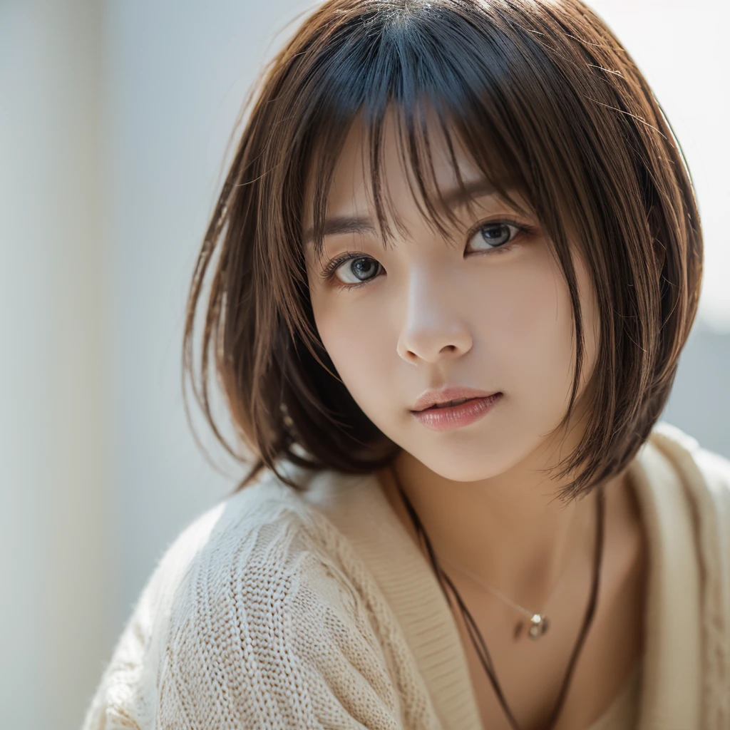 ((Tabletop,Highest quality)), (Like the picture:1.4),((Tabletop,8K))、White wall、(White Room)、((Full body photo))、Photographed in natural light、Highly detailed face and skin texture、Highly detailed lips、The correct state of the human body、Ultra-high resolution、(Photorealistic:1.4)、Highest quality, One beautiful woman, 38 years old, s, 150mm lens、Light Yellow Knit、(Dark brown medium short hair)、Japanese women、(Dark brown hair)、Various poses、Looking into the camera、Natural color lip、Winter clothes、 necklace、indoor