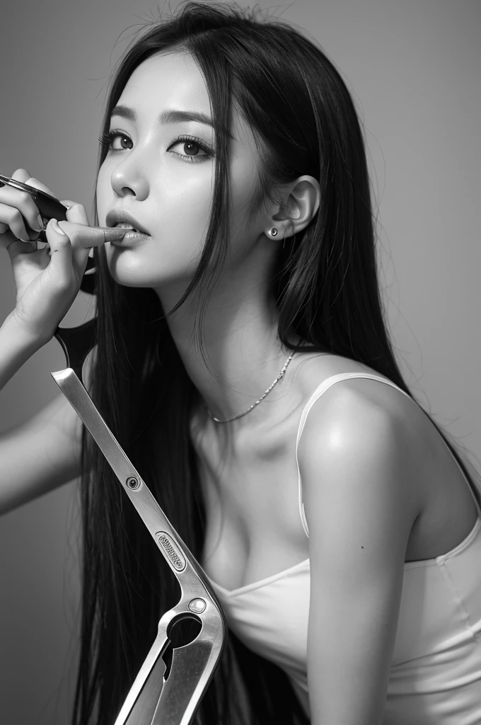 slit-mouth, woman, scissors, monochrome photo