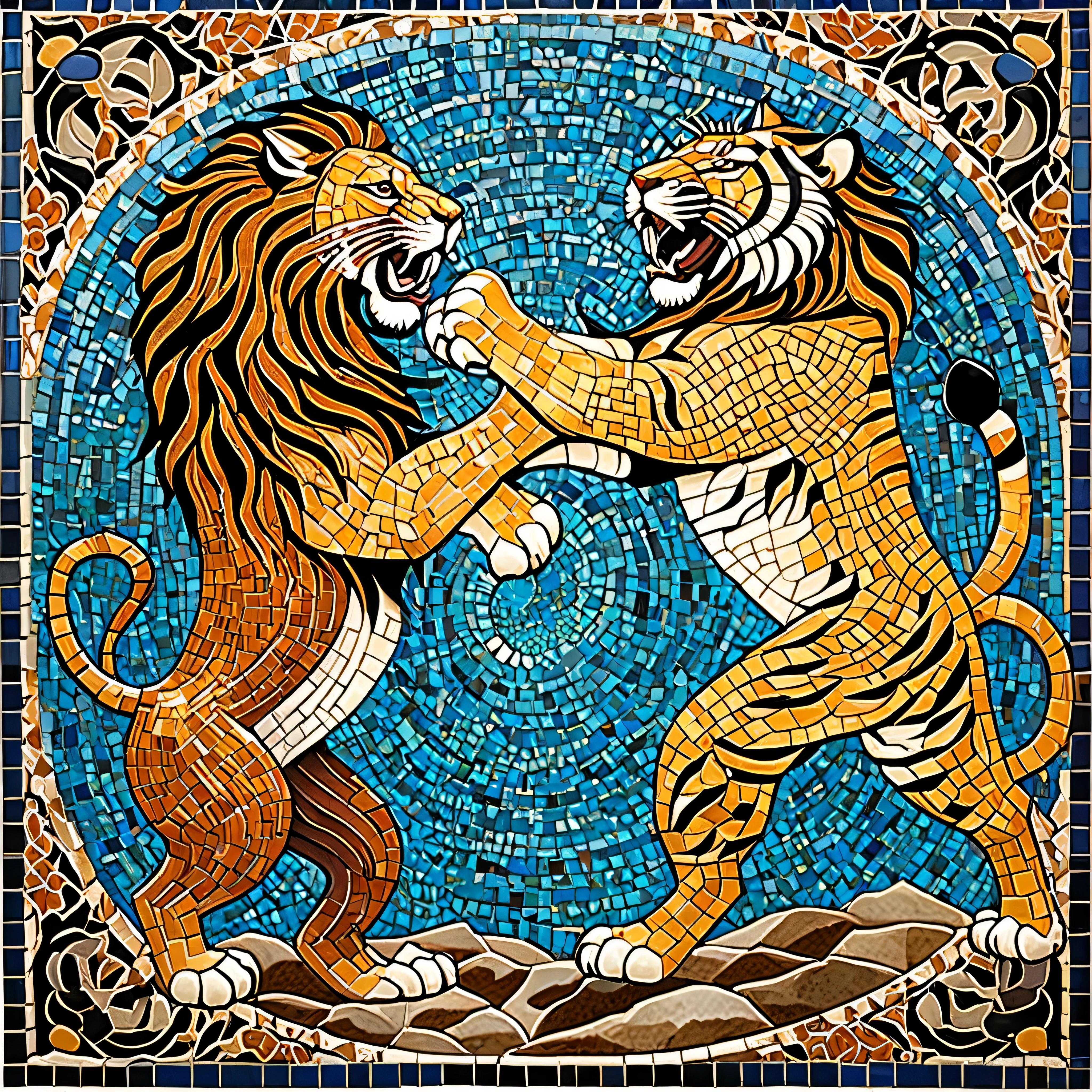 mosaic art, mosaic inspired image designs with intricate tile patterns, lion fighting with tiger