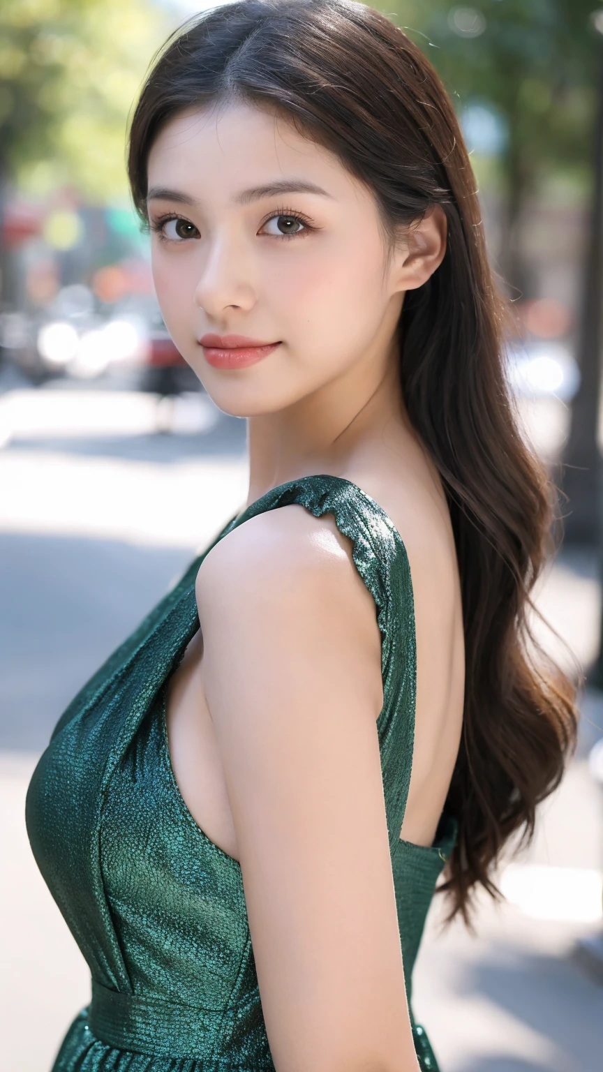 ((Best quality, 8K, masterpiece:1.3)),1girl,18 years old,Asian,Real texture:1.3,(Background blur:1.1),Gorgeous long dress,Tall and slender figure:1.2,(Hot summer weather),(street:1.3),Highly detailed face and skin textures,Exquisite eyes,Long eyelashes,Double eyelids,Skin Whitening,happy,Various postures,Big breasts