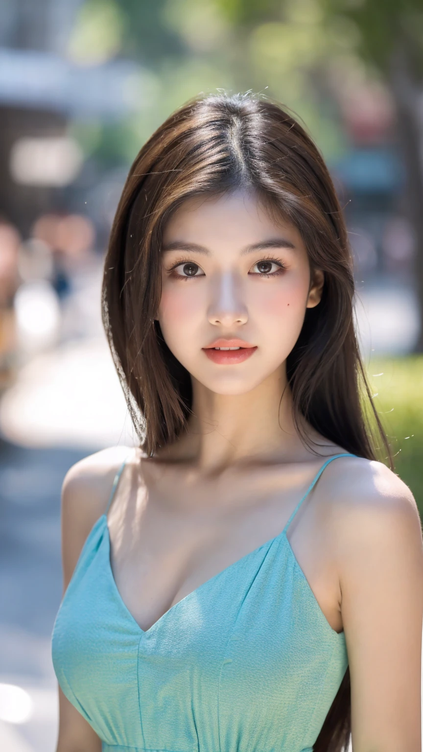 ((Best quality, 8K, masterpiece:1.3)),1girl,18 years old,Asian,Real texture:1.3,(Background blur:1.1),Gorgeous long dress,Tall and slender figure:1.2,(Hot summer weather),(street:1.3),Highly detailed face and skin textures,Exquisite eyes,Long eyelashes,Double eyelids,Skin Whitening,happy,Various postures,Big breasts
