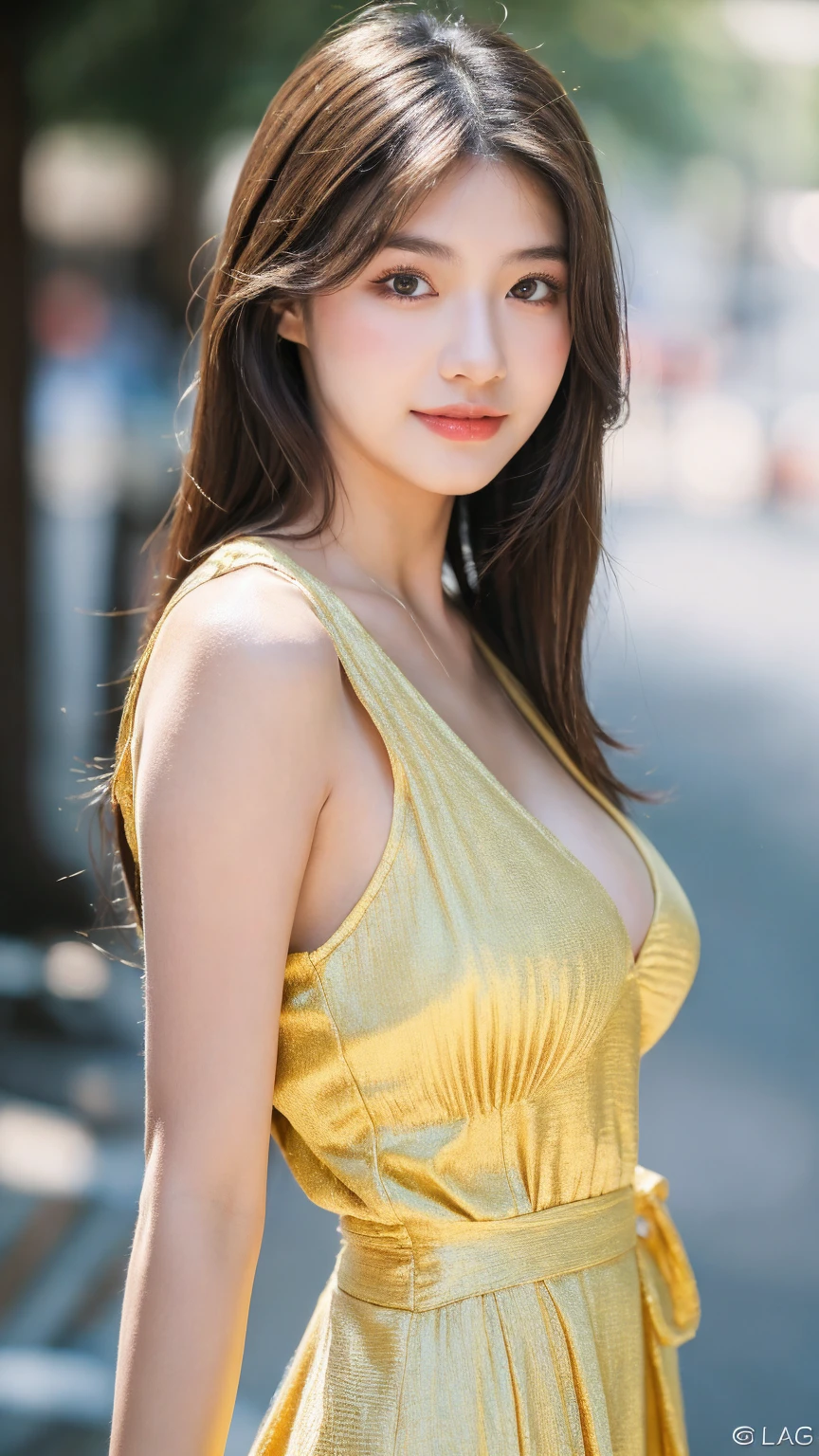 ((Best quality, 8K, masterpiece:1.3)),1girl,18 years old,Asian,Real texture:1.3,(Background blur:1.1),Gorgeous long dress,Tall and slender figure:1.2,(Hot summer weather),(street:1.3),Highly detailed face and skin textures,Exquisite eyes,Long eyelashes,Double eyelids,Skin Whitening,happy,Various postures,Big breasts